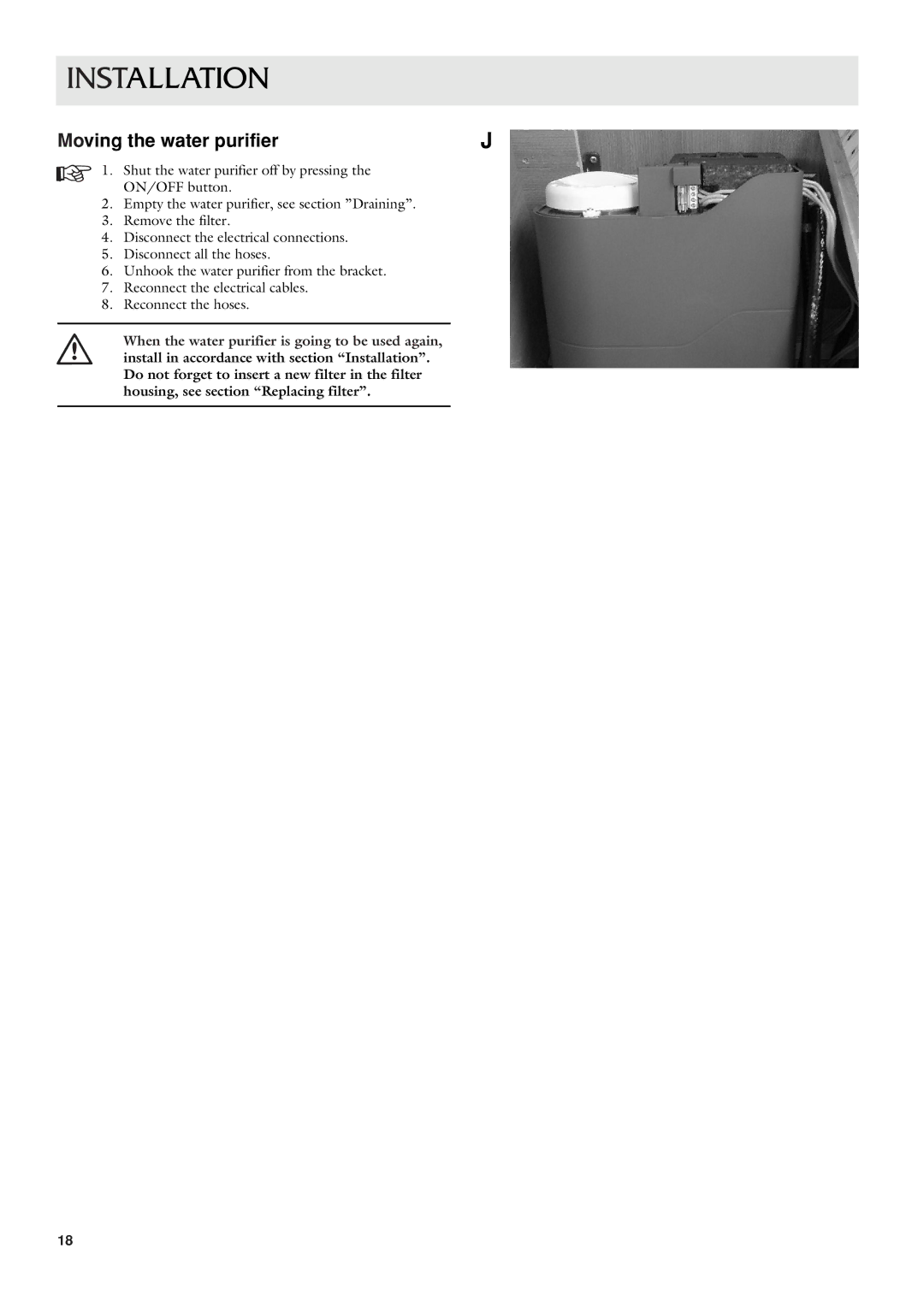 Dometic CWP 5311 user manual Moving the water purifier 