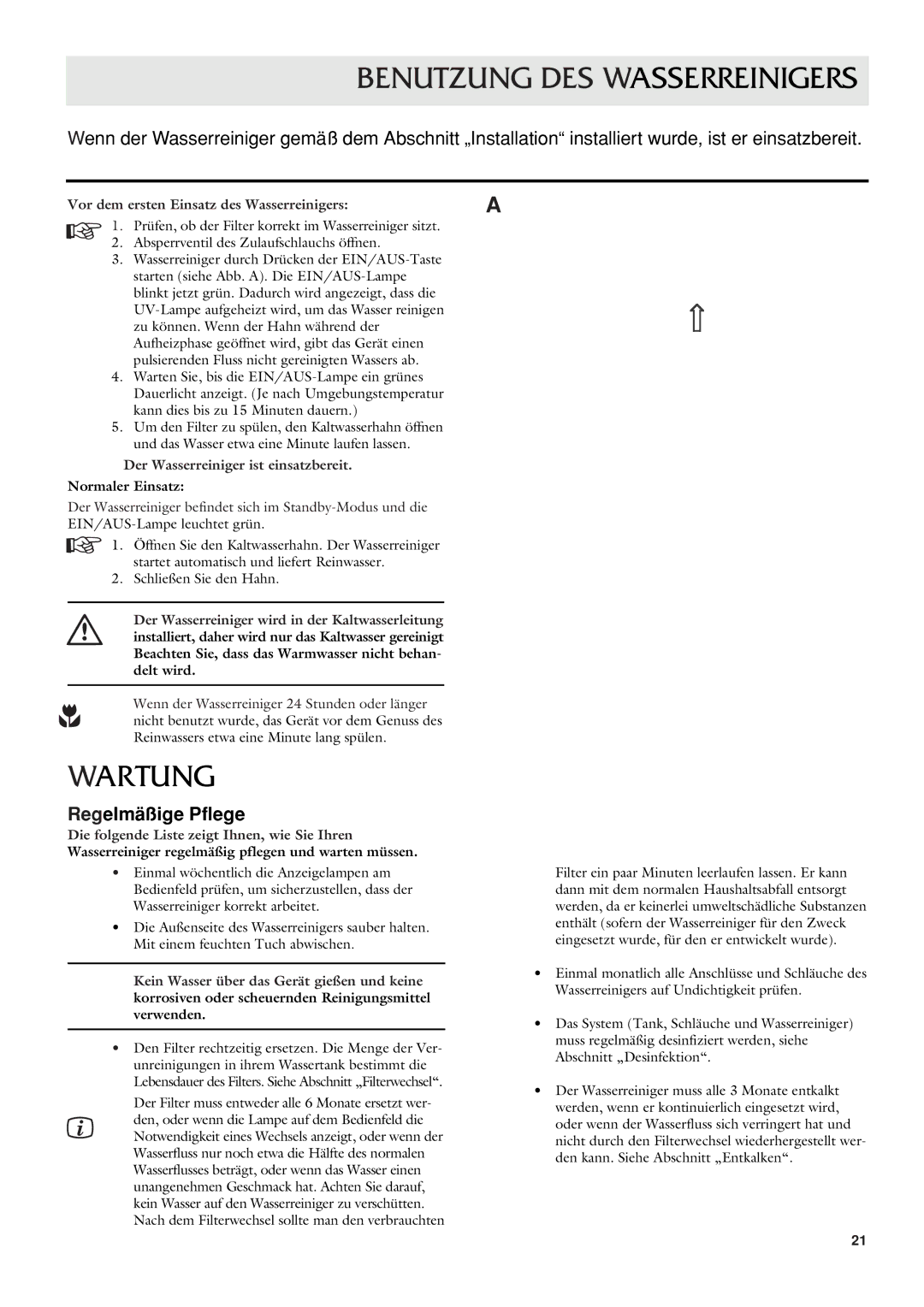 Dometic CWP 5311 Benutzung DES Wasserreinigers, Wartung, Regelmäßige Pflege, Vor dem ersten Einsatz des Wasserreinigers 