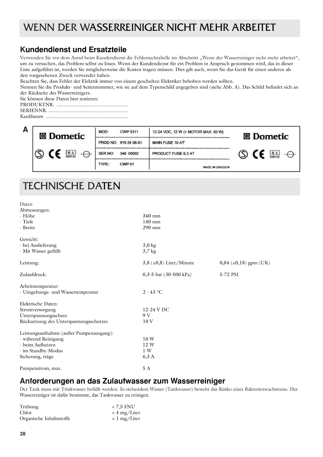 Dometic CWP 5311 user manual Wenn DER Wasserreiniger Nicht Mehr Arbeitet, Technische Daten, Kundendienst und Ersatzteile 