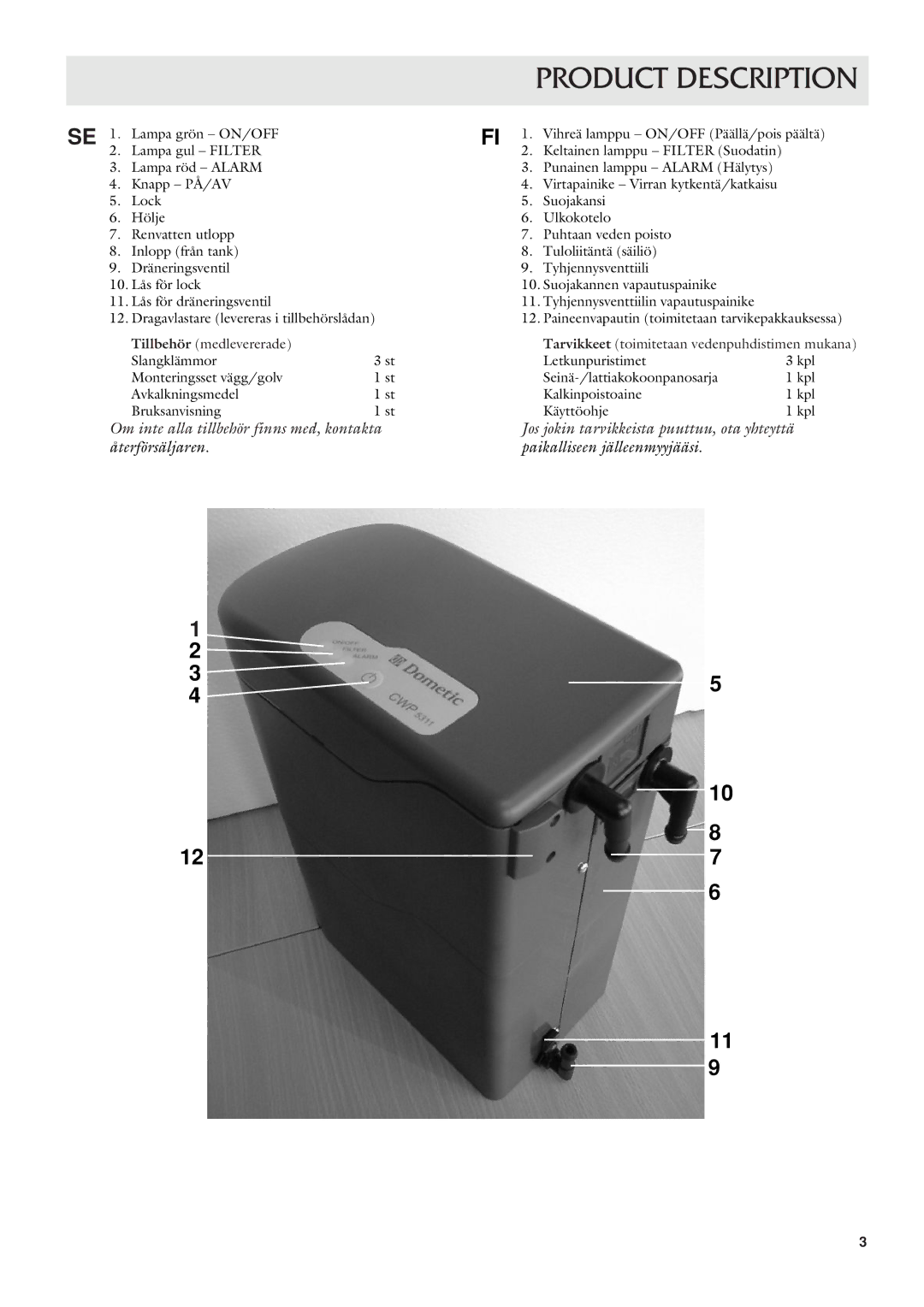 Dometic CWP 5311 user manual Product Description 