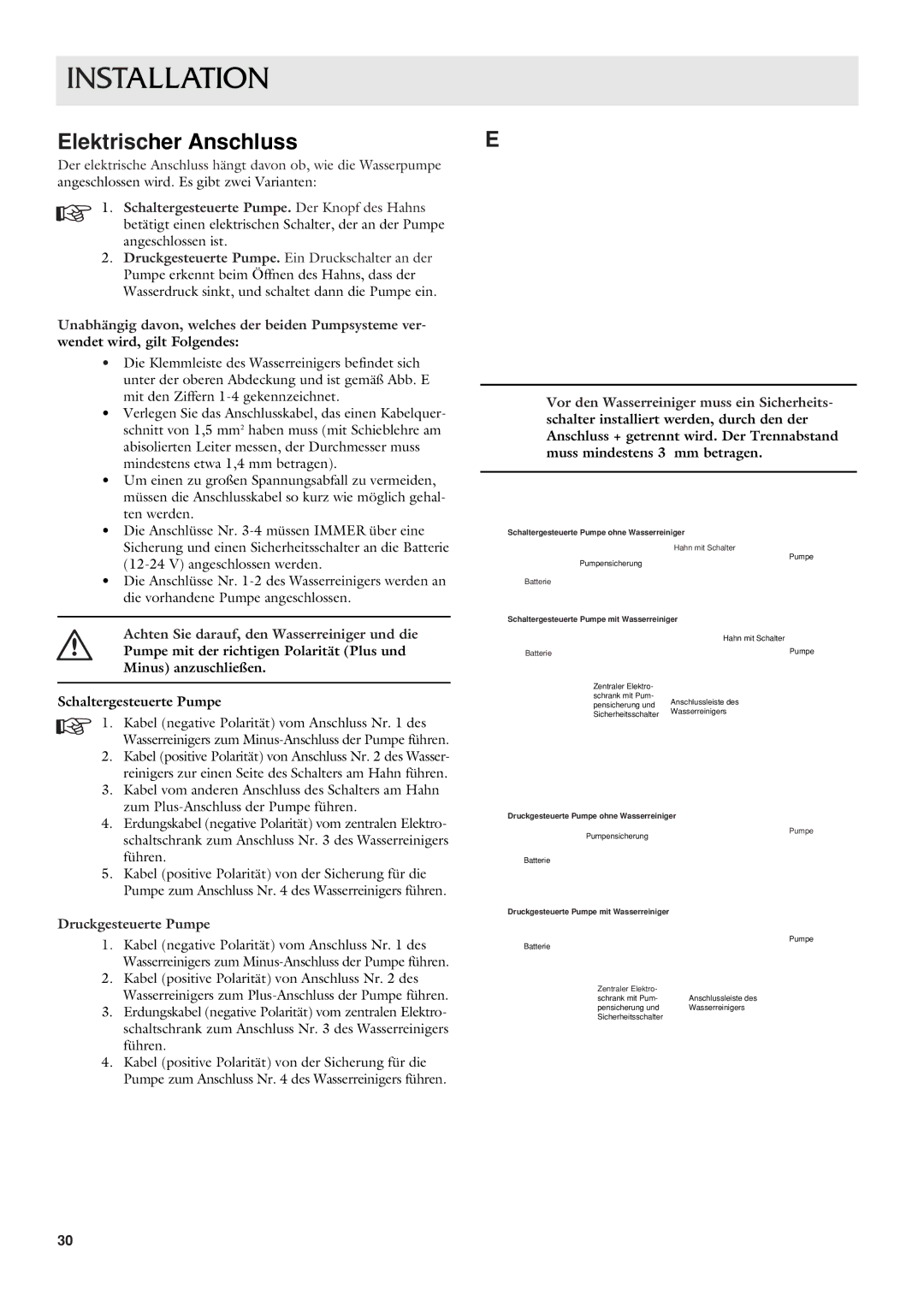 Dometic CWP 5311 user manual Elektrischer Anschluss, Druckgesteuerte Pumpe 