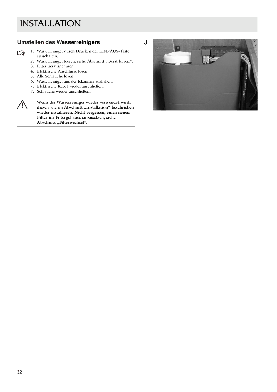 Dometic CWP 5311 user manual Umstellen des Wasserreinigers 