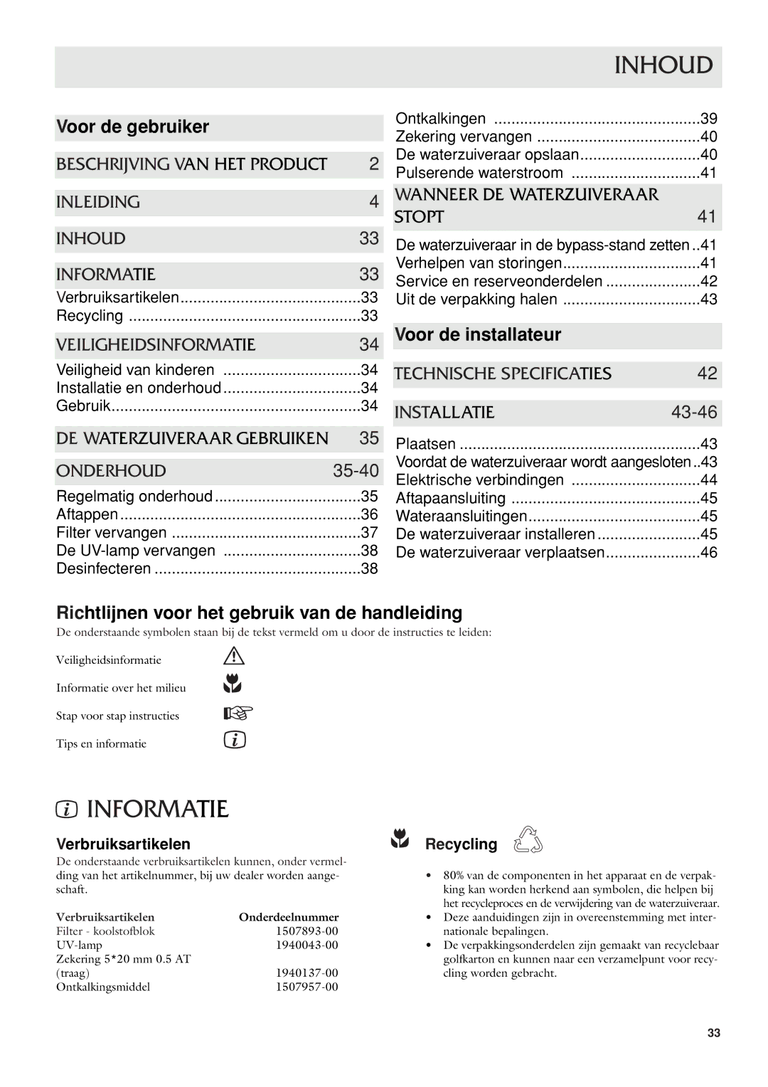 Dometic CWP 5311 user manual Inhoud, Informatie, Voor de gebruiker, Voor de installateur 