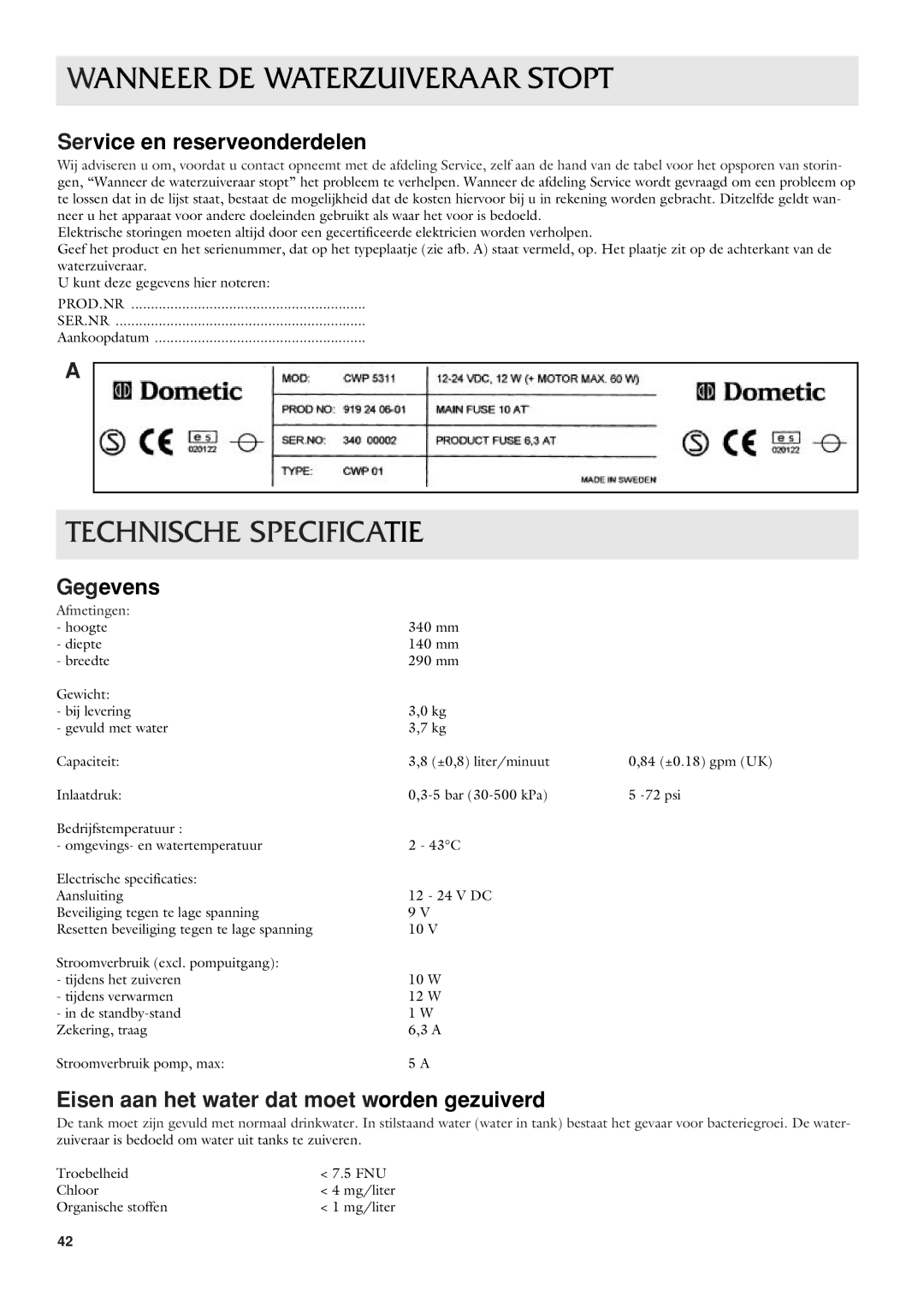 Dometic CWP 5311 user manual Technische Specificatie, Service en reserveonderdelen, Gegevens 