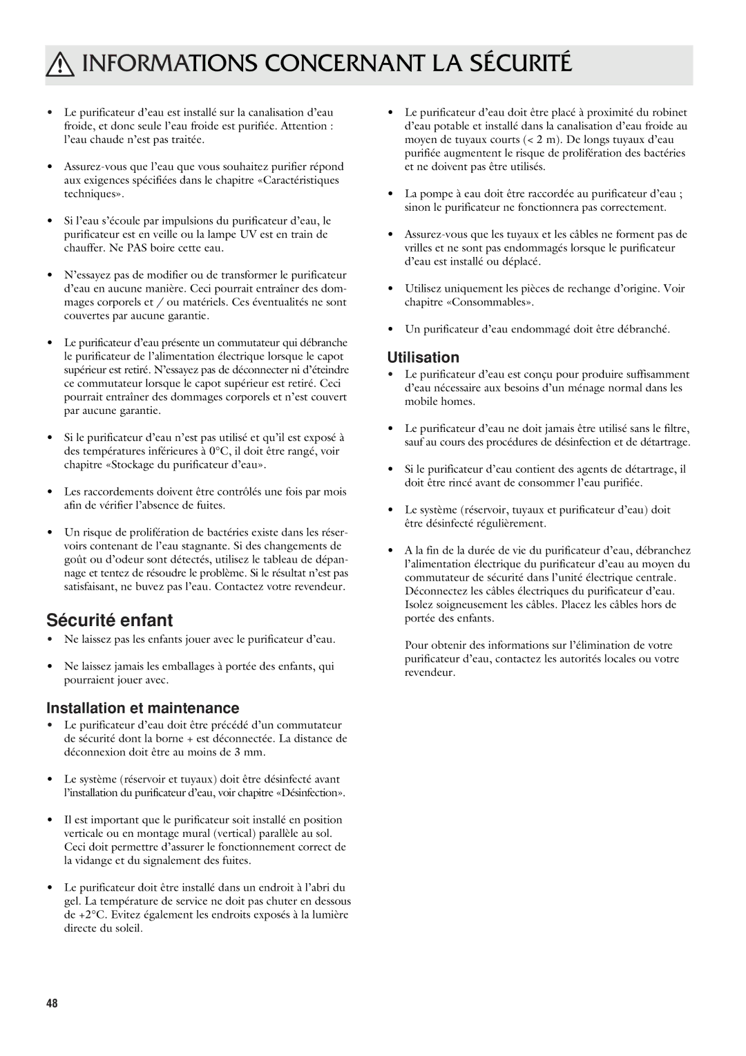 Dometic CWP 5311 user manual Informations Concernant LA Sécurité, Sécurité enfant, Installation et maintenance, Utilisation 