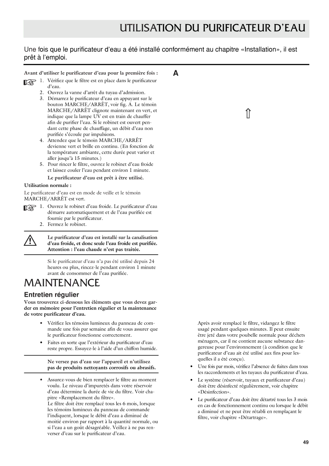 Dometic CWP 5311 user manual Utilisation DU Purificateur D’EAU, Entretien régulier 