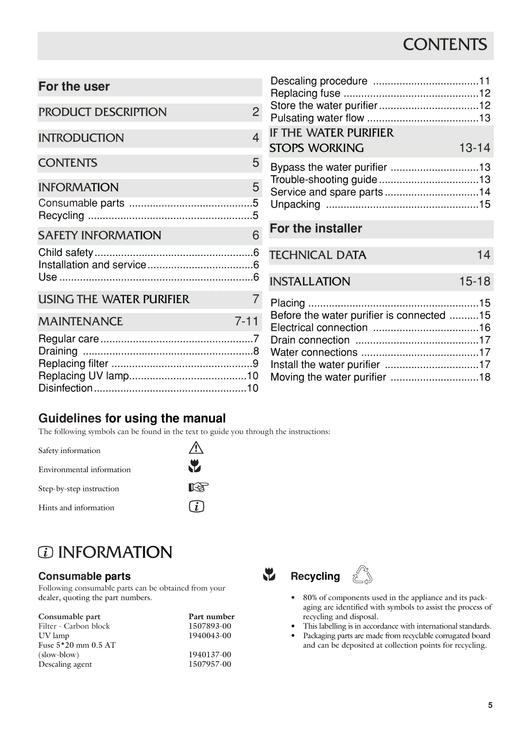 Dometic CWP 5311 user manual Contents, Information 