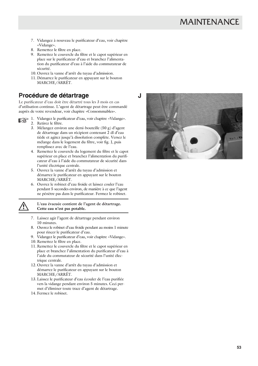 Dometic CWP 5311 user manual Procédure de détartrage 