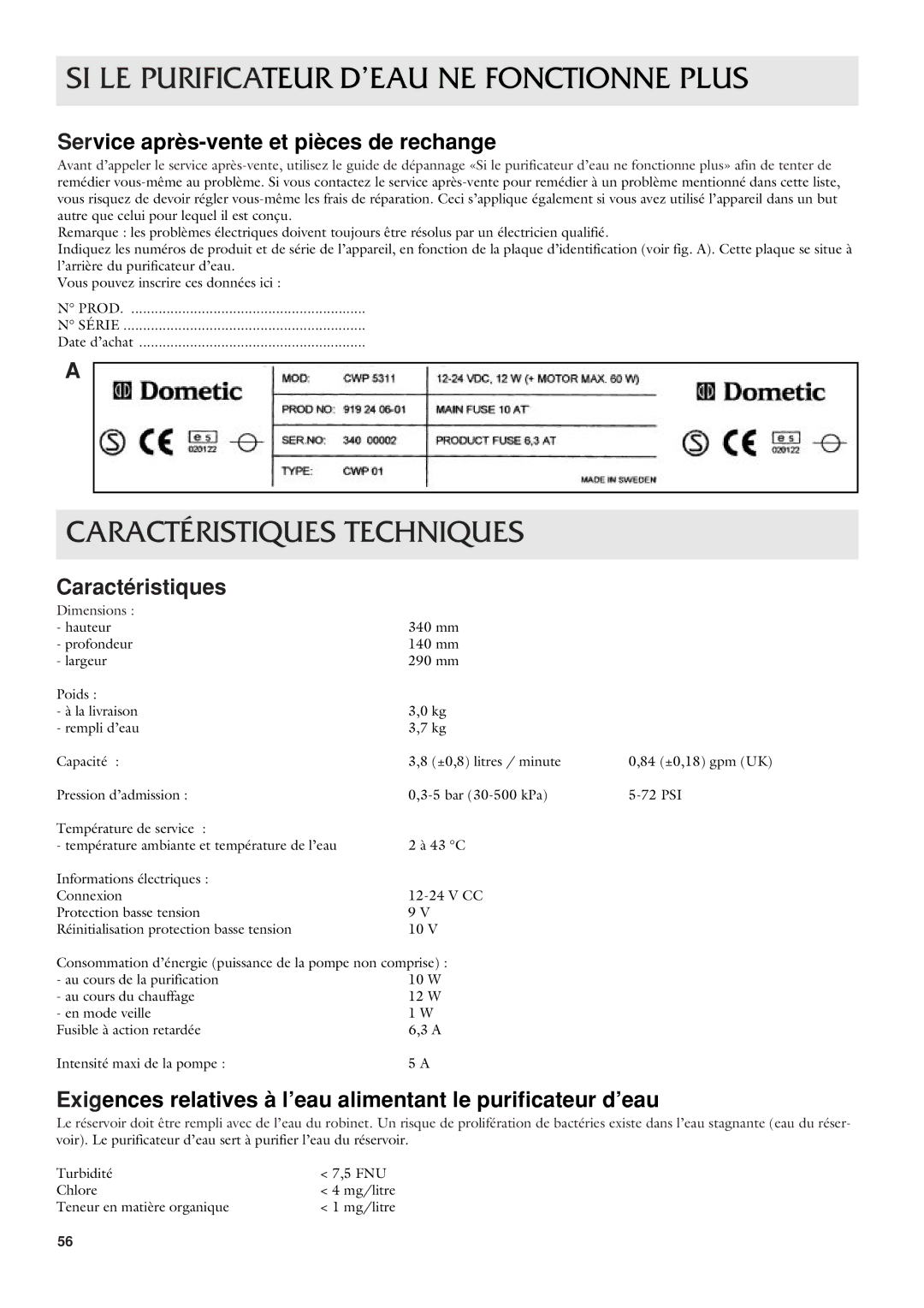 Dometic CWP 5311 user manual Caractéristiques Techniques, Service après-vente et pièces de rechange 