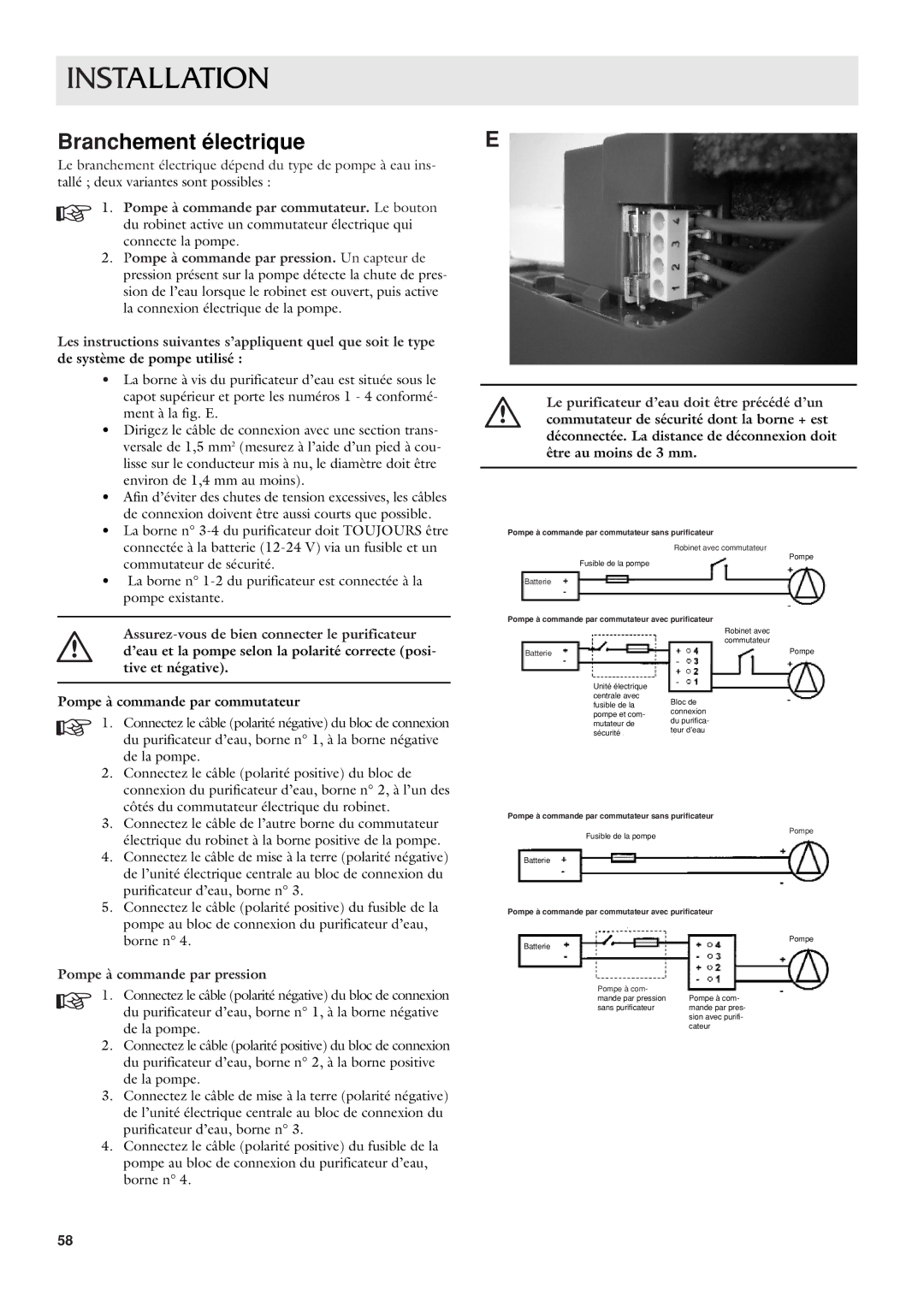 Dometic CWP 5311 user manual Branchement électrique, Pompe à commande par pression 