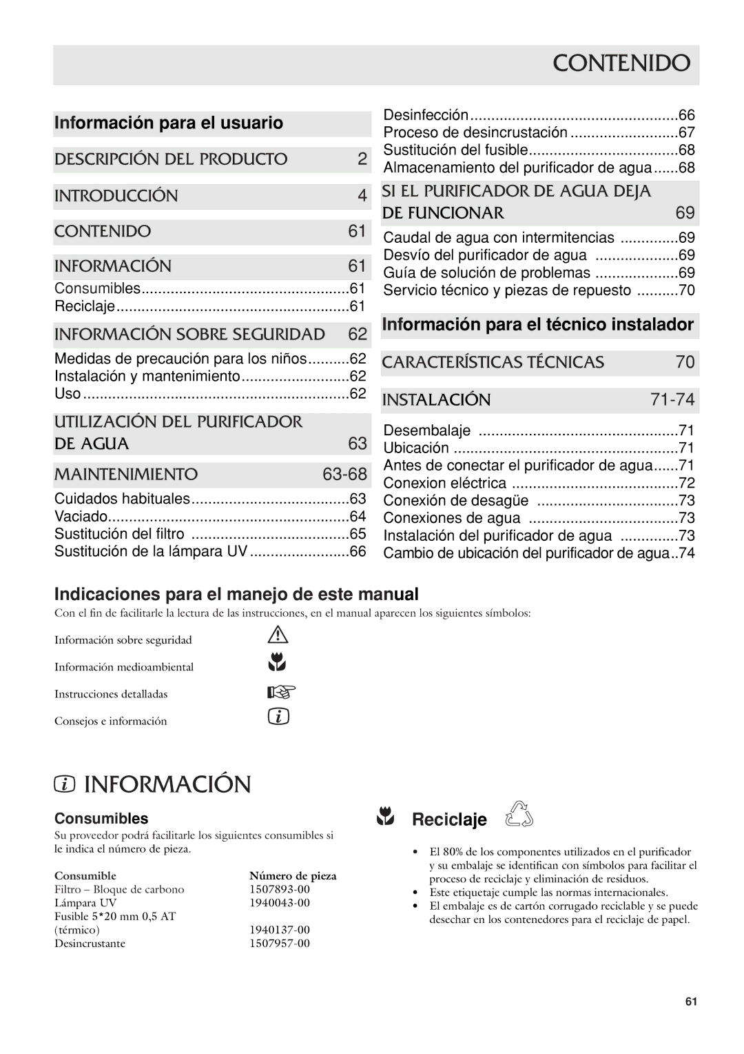 Dometic CWP 5311 Contenido, Información para el usuario, Indicaciones para el manejo de este manual, Reciclaje 