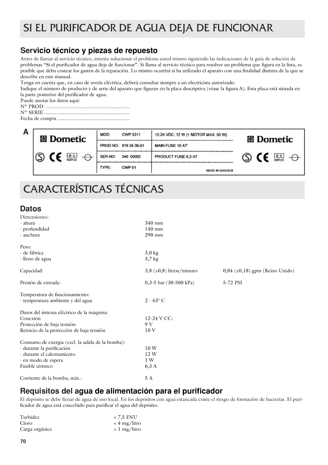 Dometic CWP 5311 user manual Características Técnicas, Servicio técnico y piezas de repuesto, Datos 