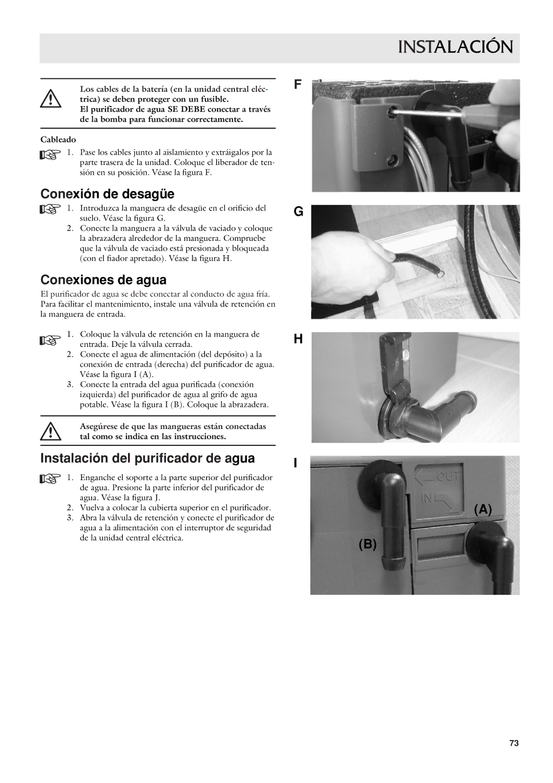 Dometic CWP 5311 user manual Conexión de desagüe, Conexiones de agua, Instalación del purificador de agua 