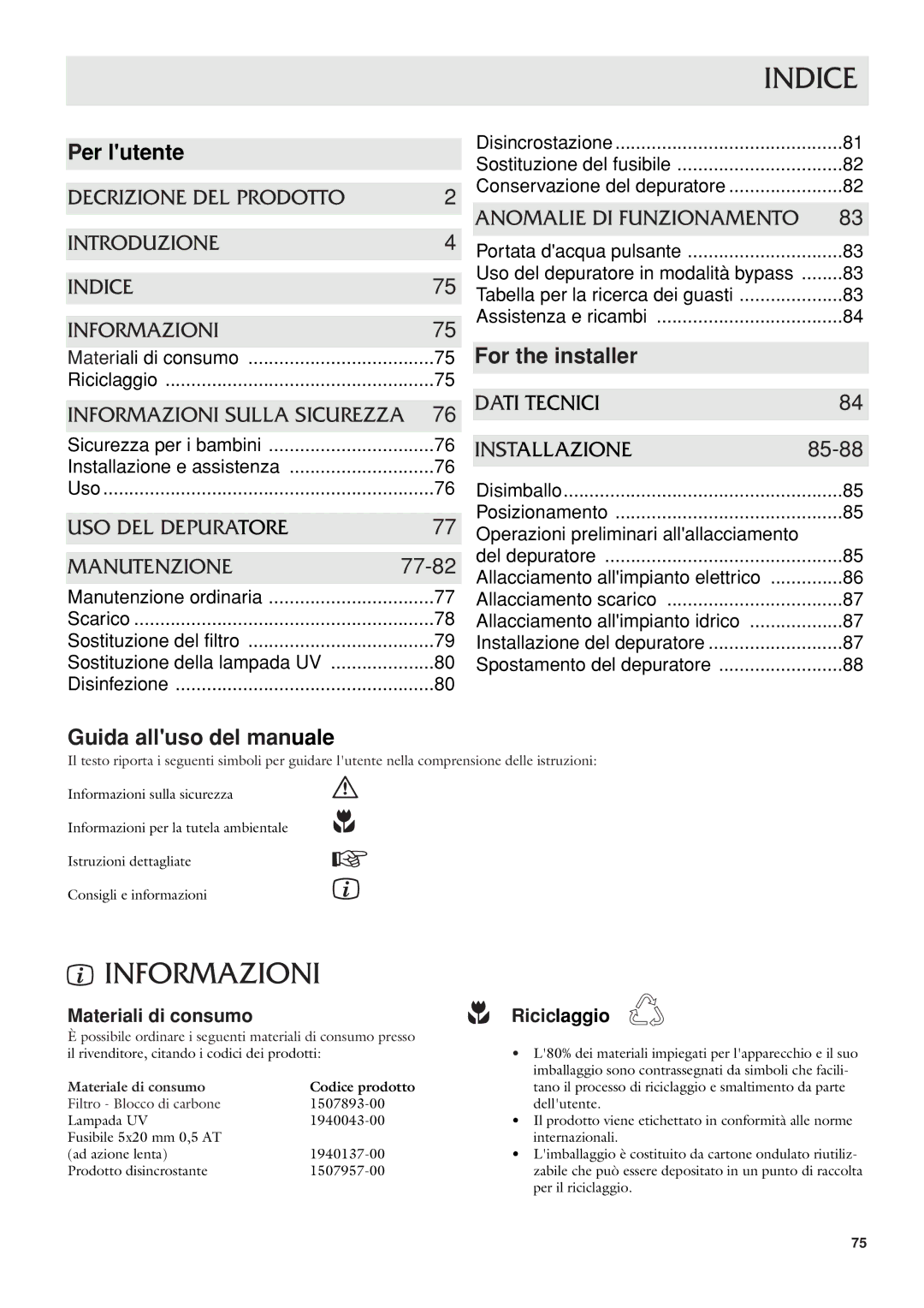 Dometic CWP 5311 user manual Indice, Informazioni, Per lutente, Guida alluso del manuale 