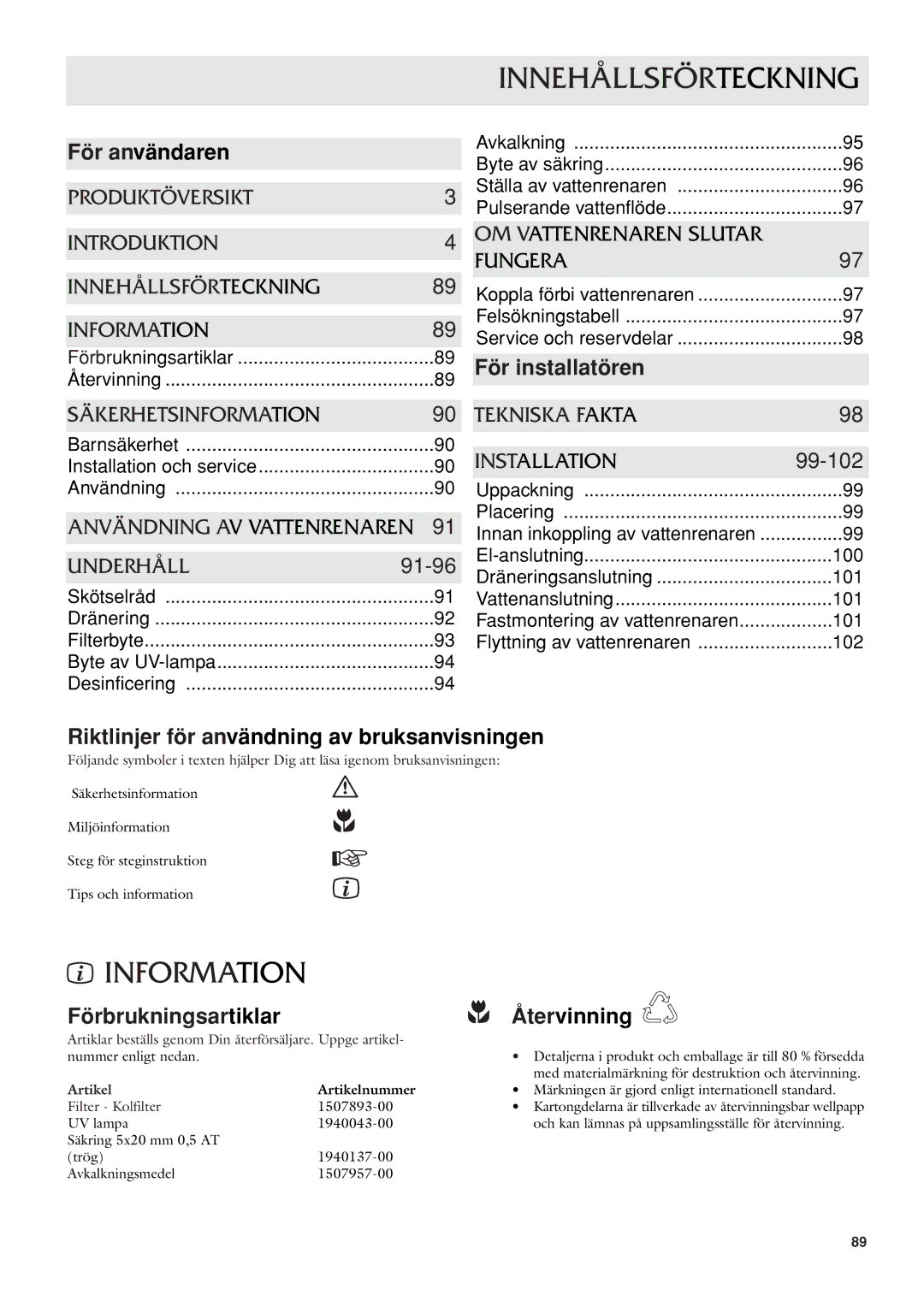 Dometic CWP 5311 user manual Innehållsförteckning 