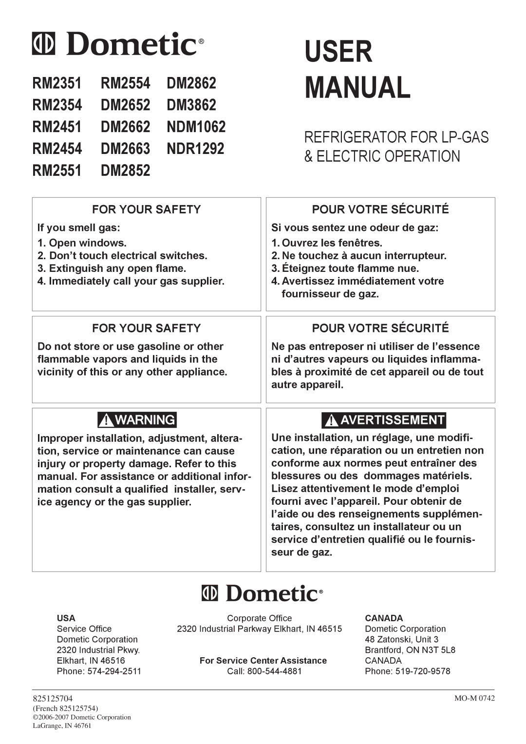 Dometic RM2554, DM2852, DM2662, DM3862, DM2652, DM2663 user manual Refrigerator for LP-gas & electric operation 