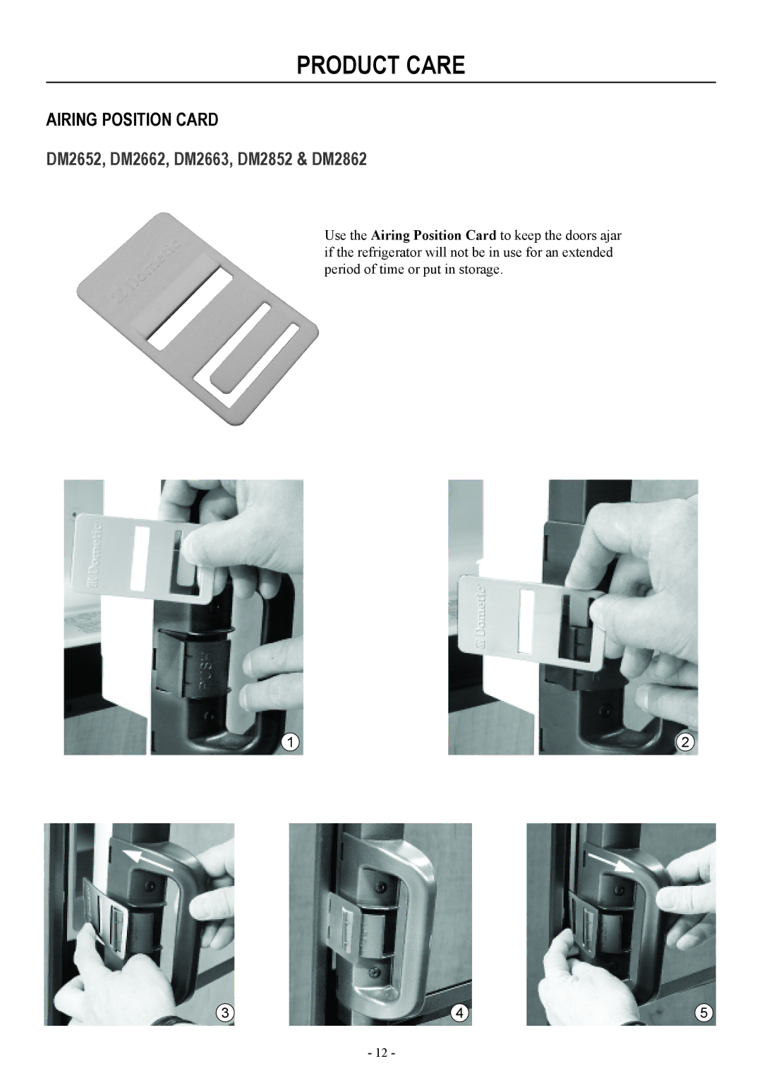 Dometic RM2554, DM3862 user manual Airing position card, DM2652, DM2662, DM2663, DM2852 & DM2862 