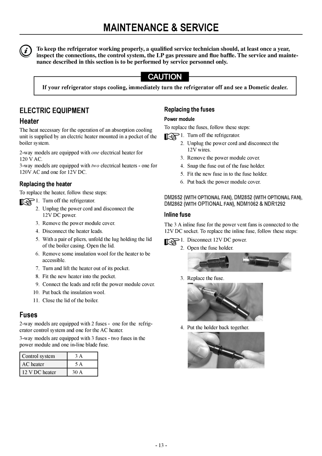 Dometic RM2554, DM2852, DM2662, DM3862, DM2652, DM2663 user manual Maintenance & service, Electric equipment Heater, Fuses 