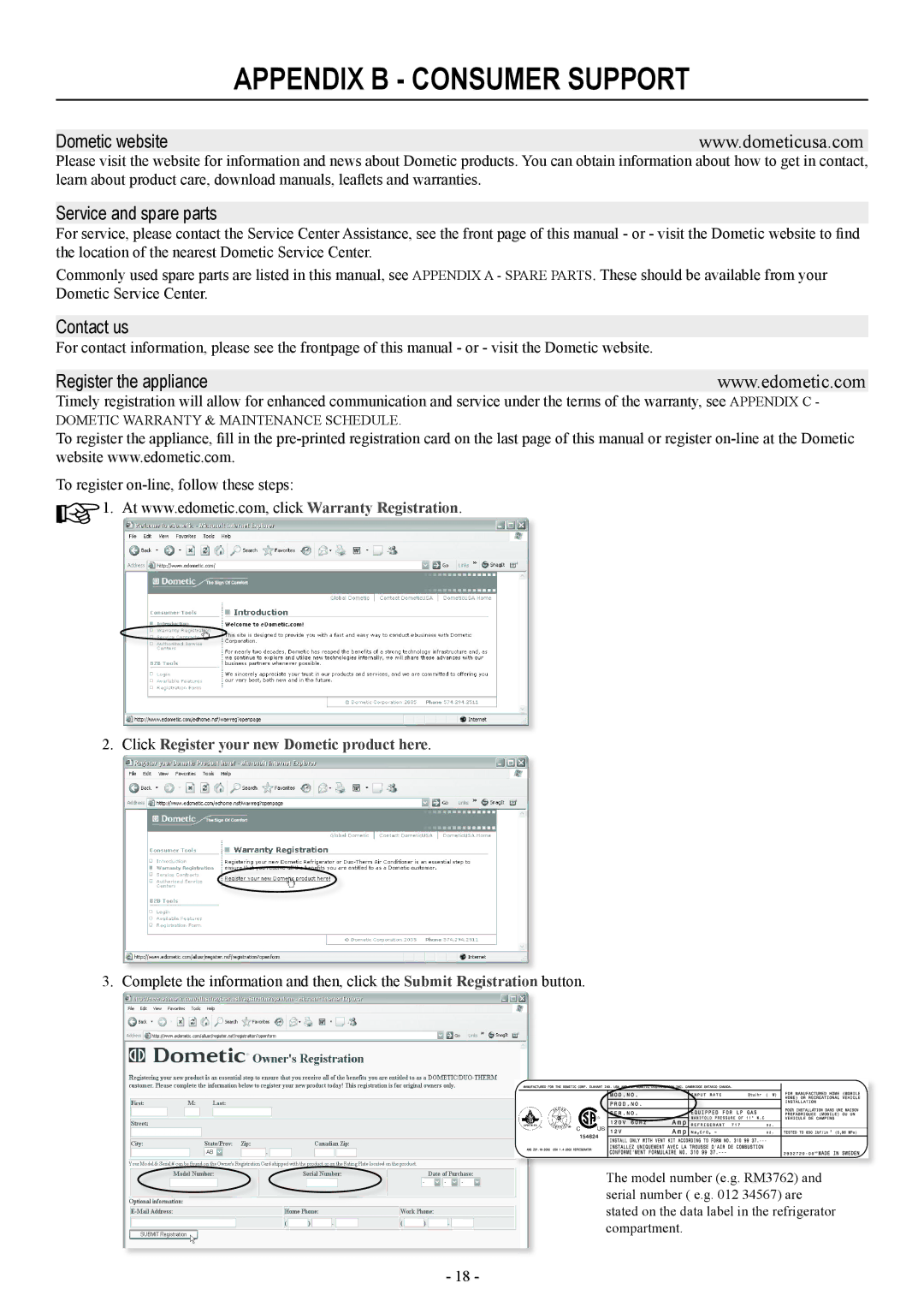 Dometic DM2852, RM2554, DM2662, DM3862, DM2652, DM2663 user manual Appendix B consumer support, Dometic website 