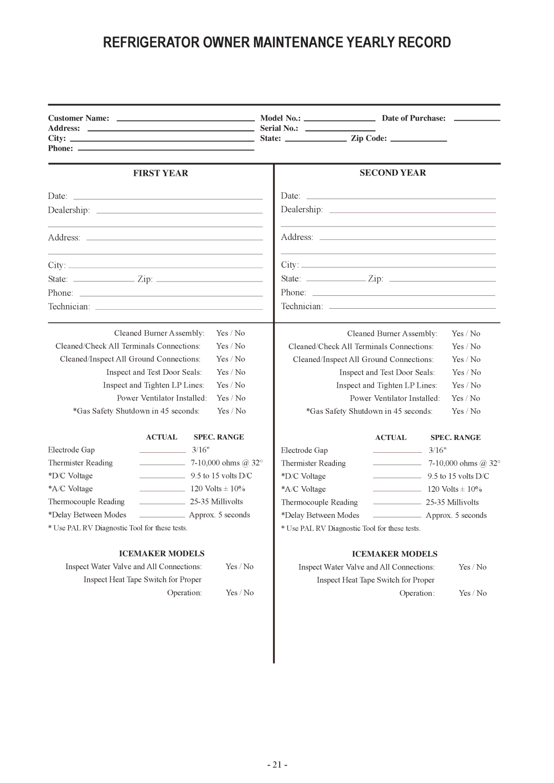 Dometic DM3862, DM2852, RM2554, DM2662, DM2652, DM2663 user manual Refrigerator owner maintenance yearly record 