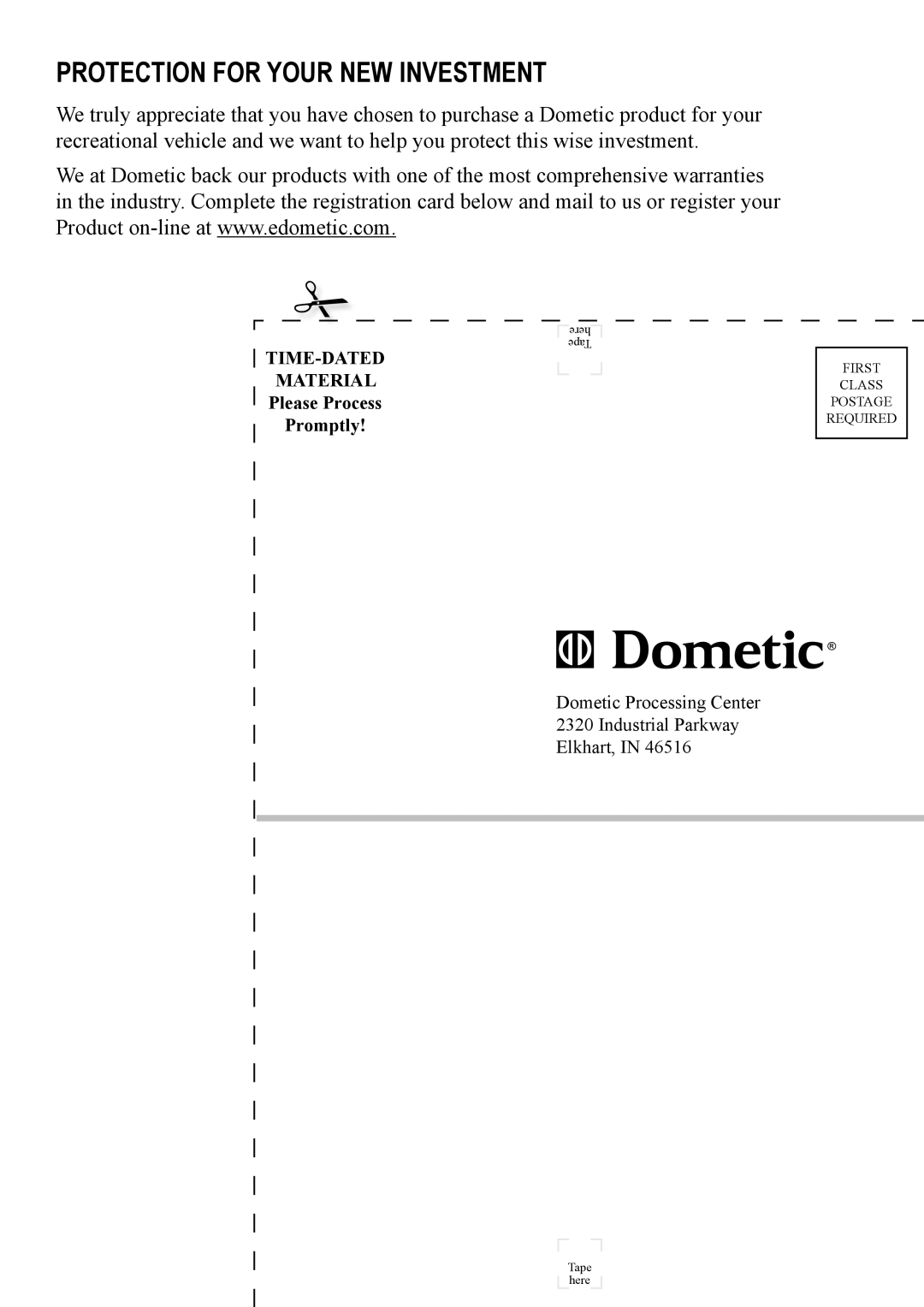 Dometic DM2663, DM2852, RM2554, DM2662, DM3862, DM2652 user manual Protection for Your New Investment 