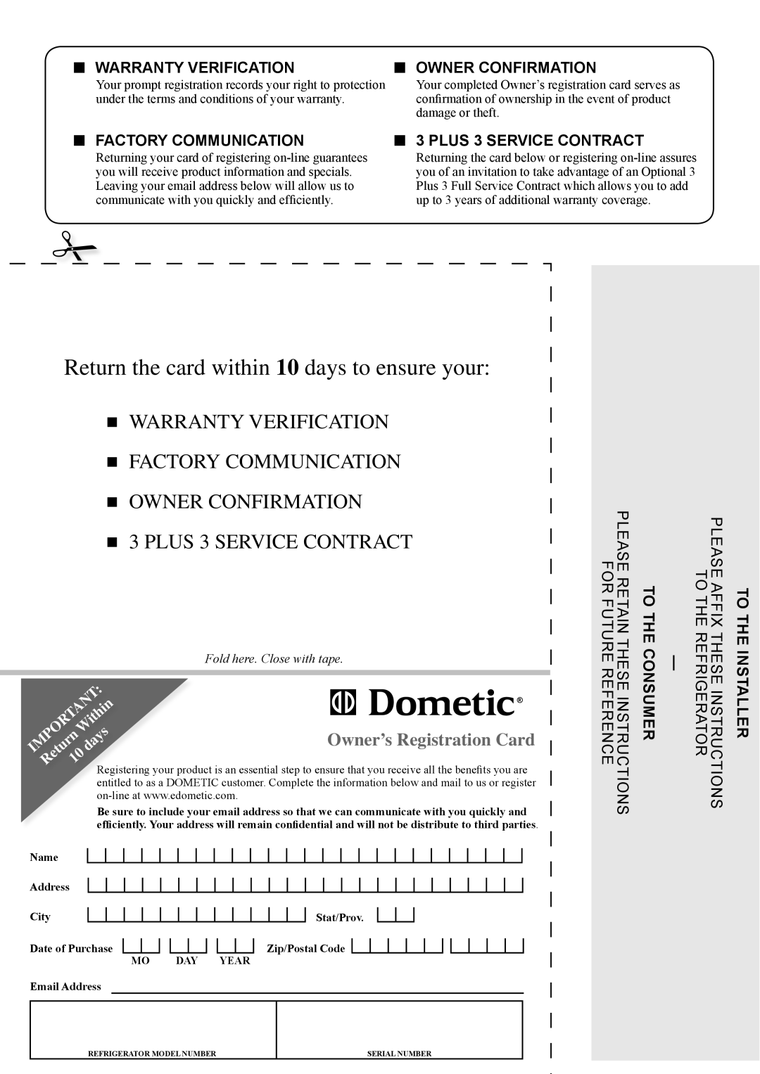 Dometic DM2852, RM2554, DM2662, DM3862, DM2652, DM2663 user manual Return the card within 10 days to ensure your 