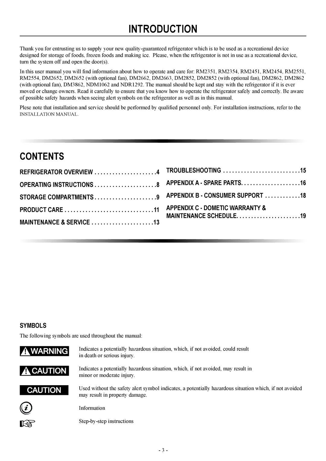 Dometic DM3862, DM2852, RM2554, DM2662, DM2652, DM2663 user manual Introduction, Contents 