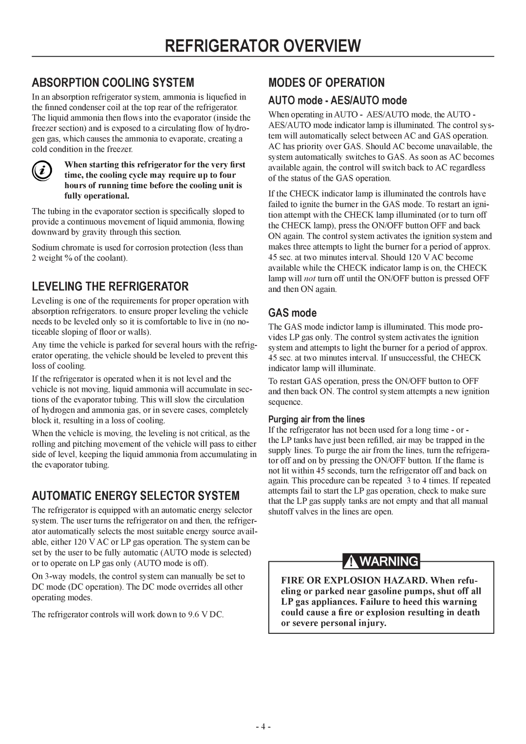 Dometic DM2652, DM2852 Refrigerator overview, Absorption cooling system, Leveling the refrigerator, Modes of operation 