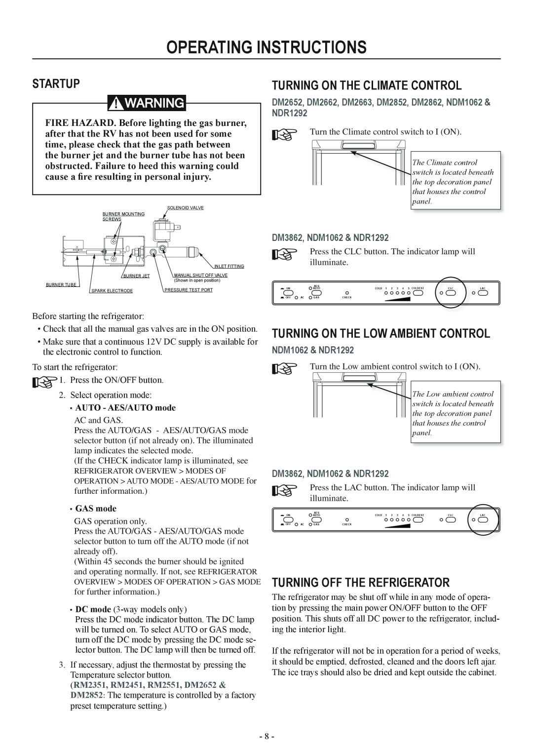 Dometic DM2662, DM2852 operating instructions, Startup, Turning on the climate control, Turning on the low ambient control 