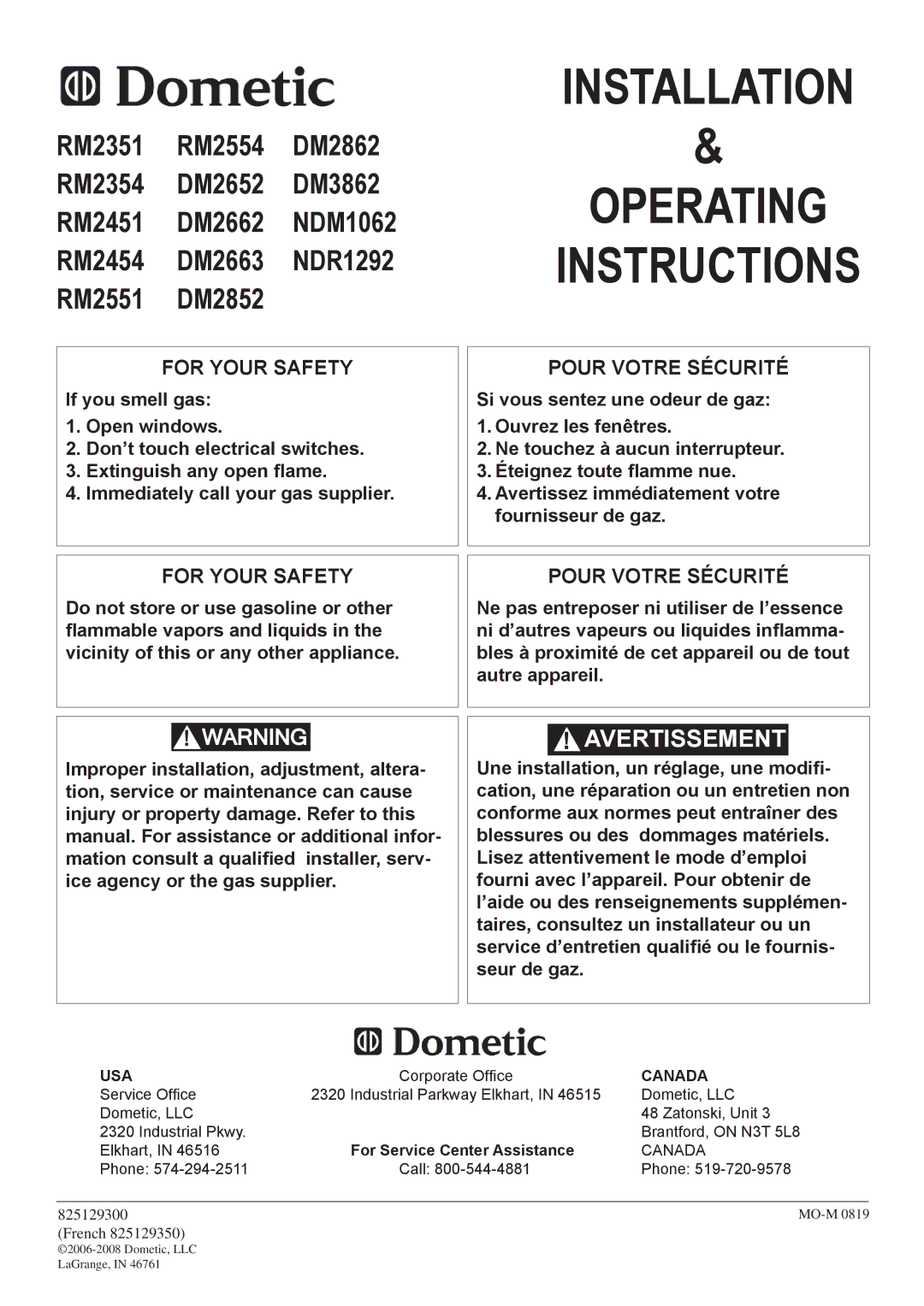 Dometic DM2862 manual Installation Operating Instructions 