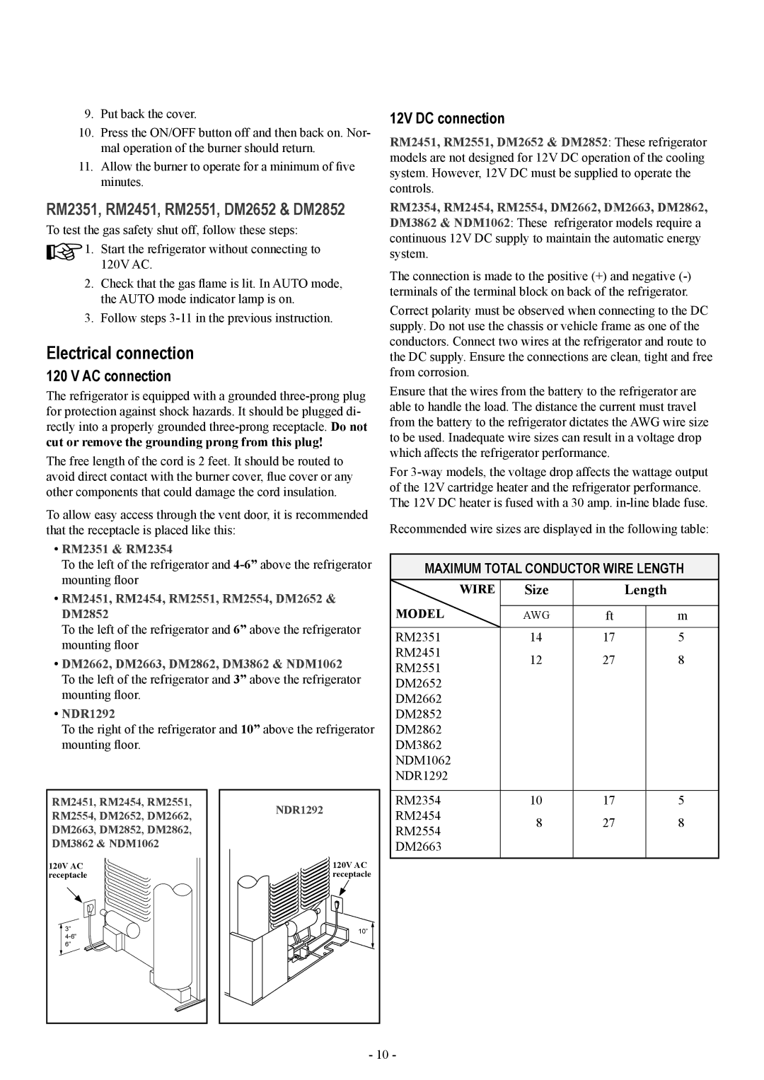 Dometic DM2862 manual Electrical connection, AC connection, 12V DC connection 