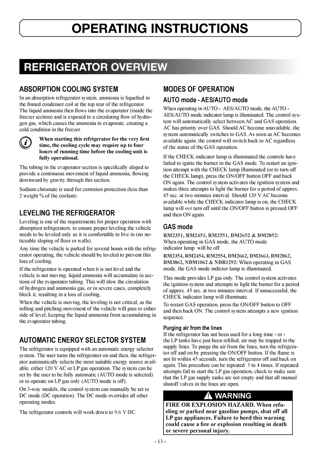 Dometic DM2862 manual Refrigerator overview, Absorption cooling system, Leveling the refrigerator, Modes of operation 