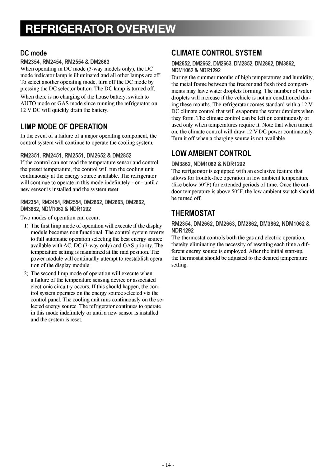 Dometic DM2862 manual Limp mode of operation, Climate control system, Low ambient control, Thermostat 