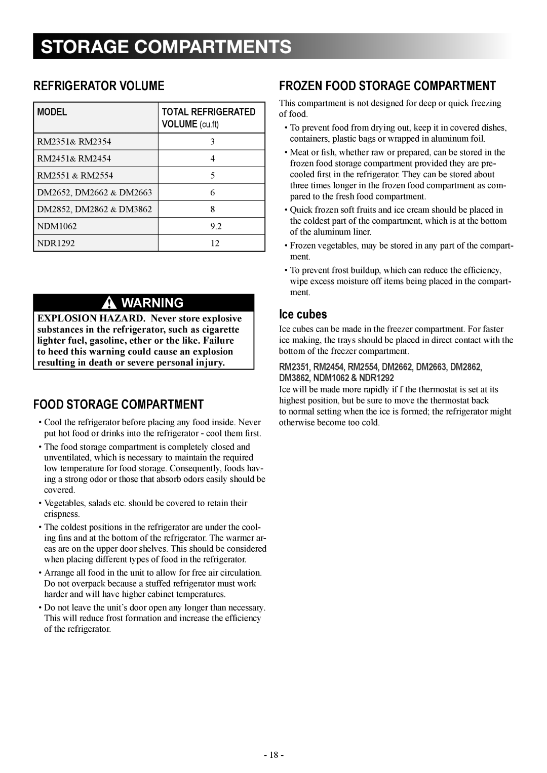 Dometic DM2862 manual Storage compartments, Refrigerator volume, Food storage compartment, Frozen food storage compartment 