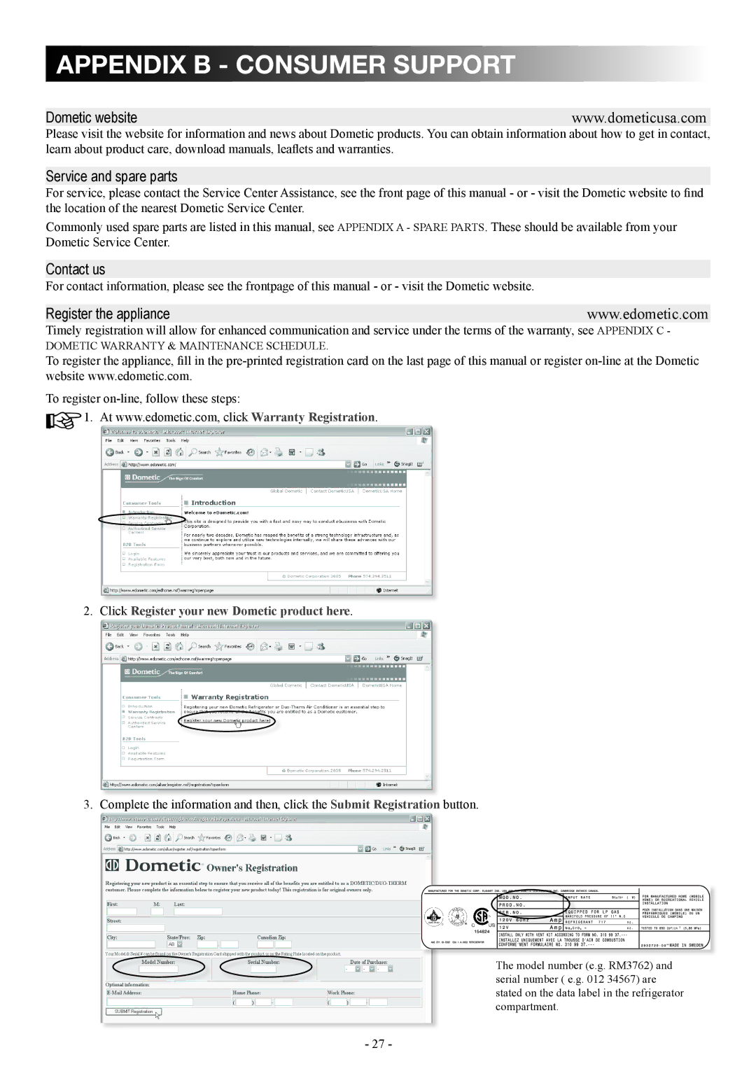 Dometic DM2862 manual Appendix B consumer support, Dometic website 