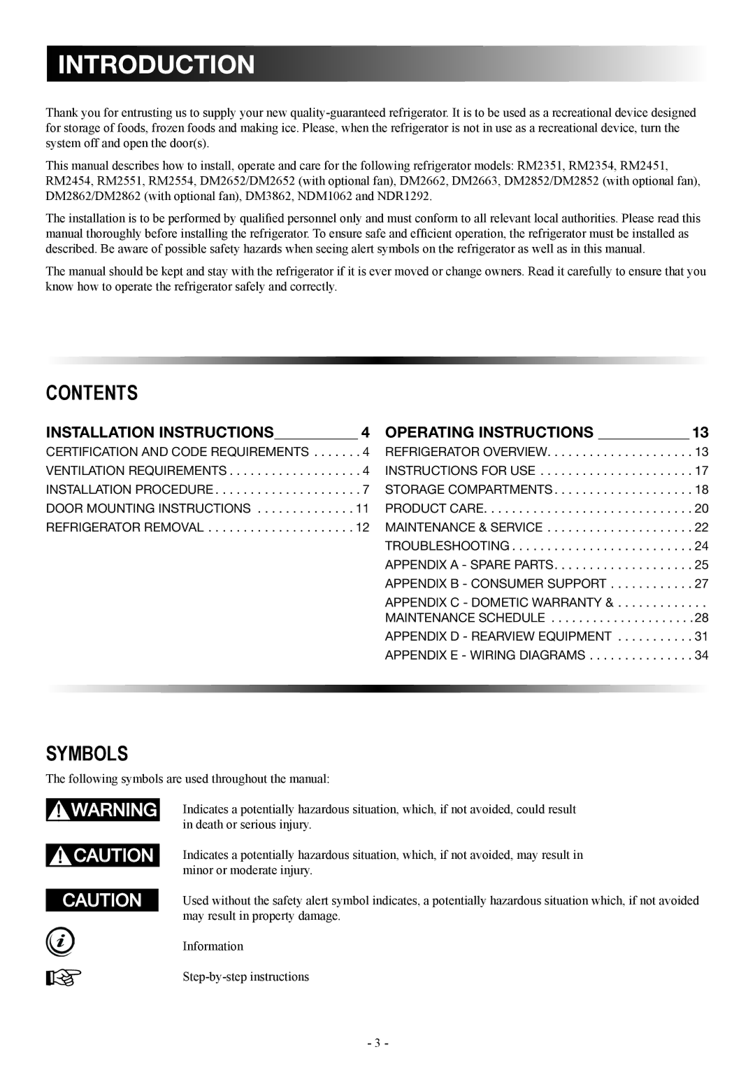 Dometic DM2862 manual Introduction, Contents 