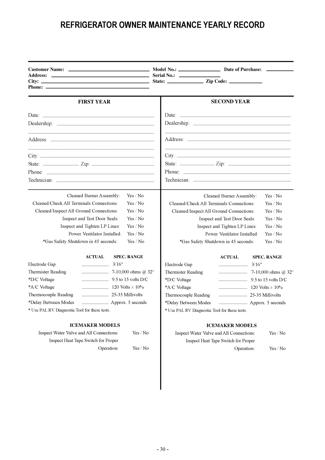 Dometic DM2862 manual Refrigerator owner maintenance yearly record, 234 9%!2 #/.$ 9%!2 