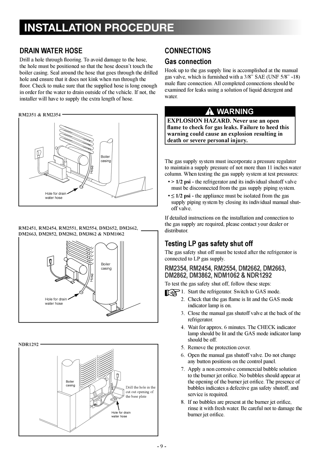 Dometic DM2862 manual Drain water hose, Connections Gas connection, Testing LP gas safety shut off 