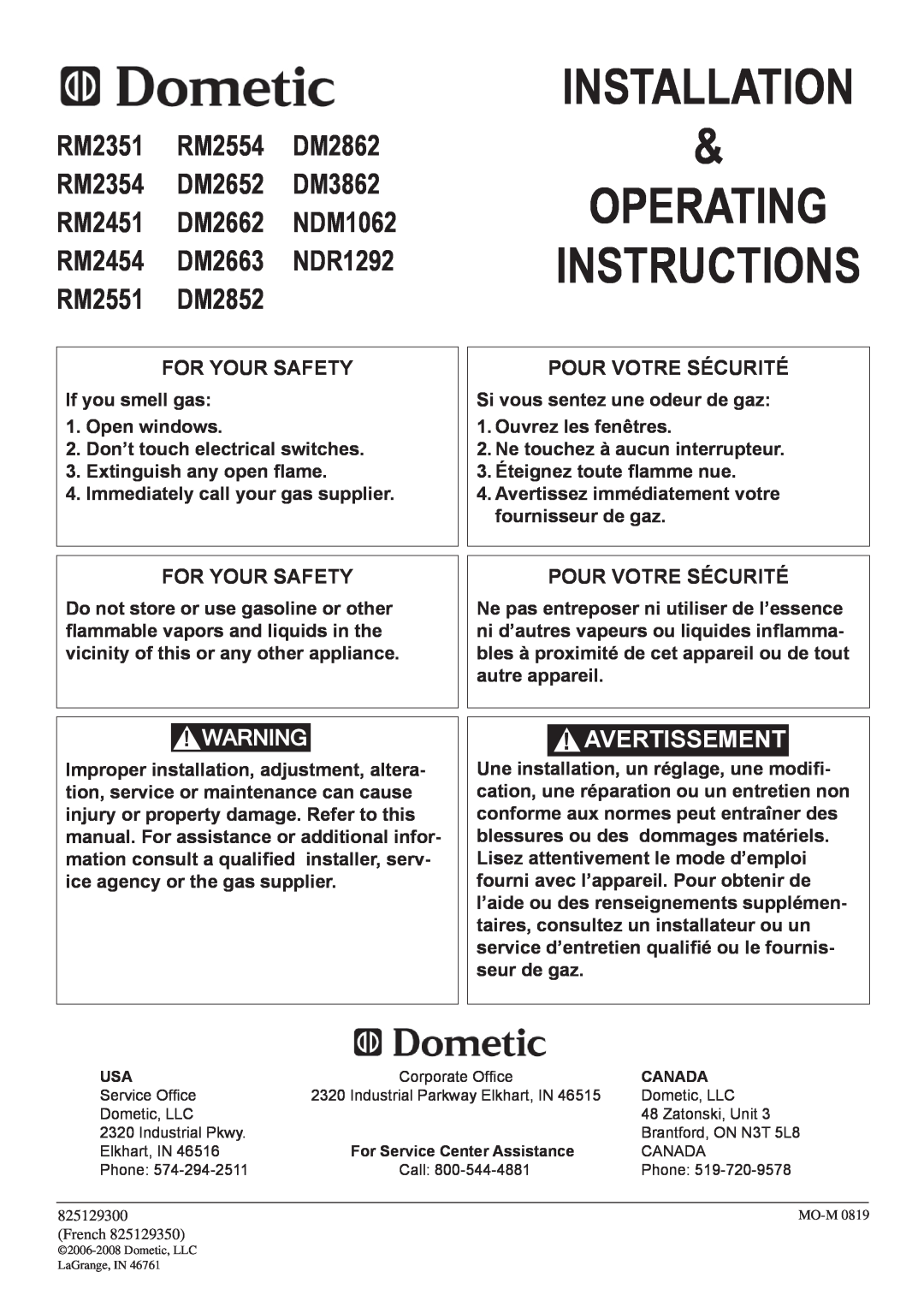 Dometic DM2862 manual installation, operating instructions, Avertissement, For Your Safety, Pour votre sécurité 