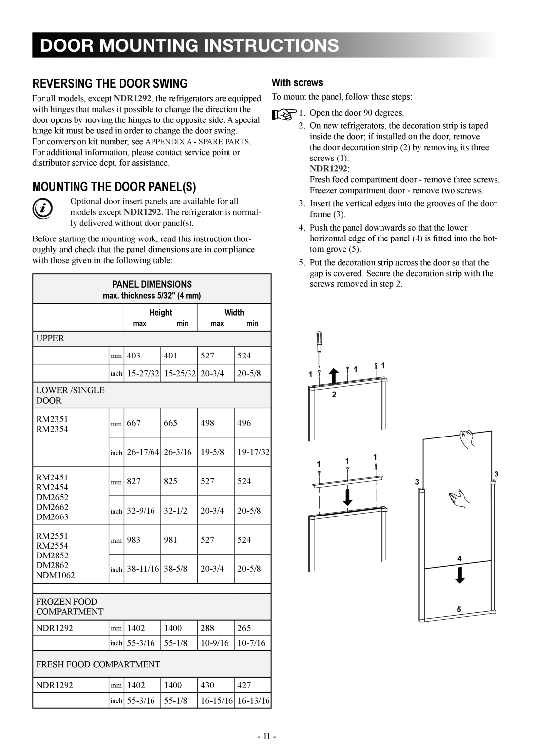 Dometic DM2862 door mounting instructions, Reversing the door swing, Mounting the door panels, Panel dimensions, NDR1292 