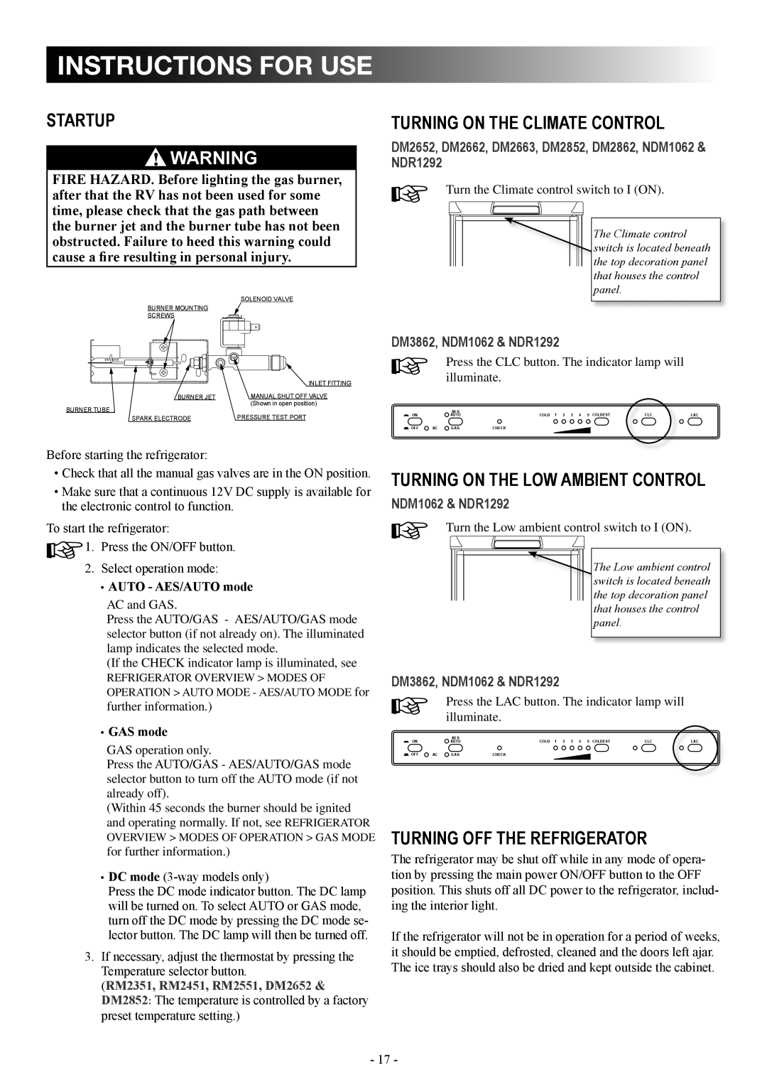 Dometic DM2862 instructions for use, Startup, 6! warning, Turning on the climate control, turning off the refrigerator 