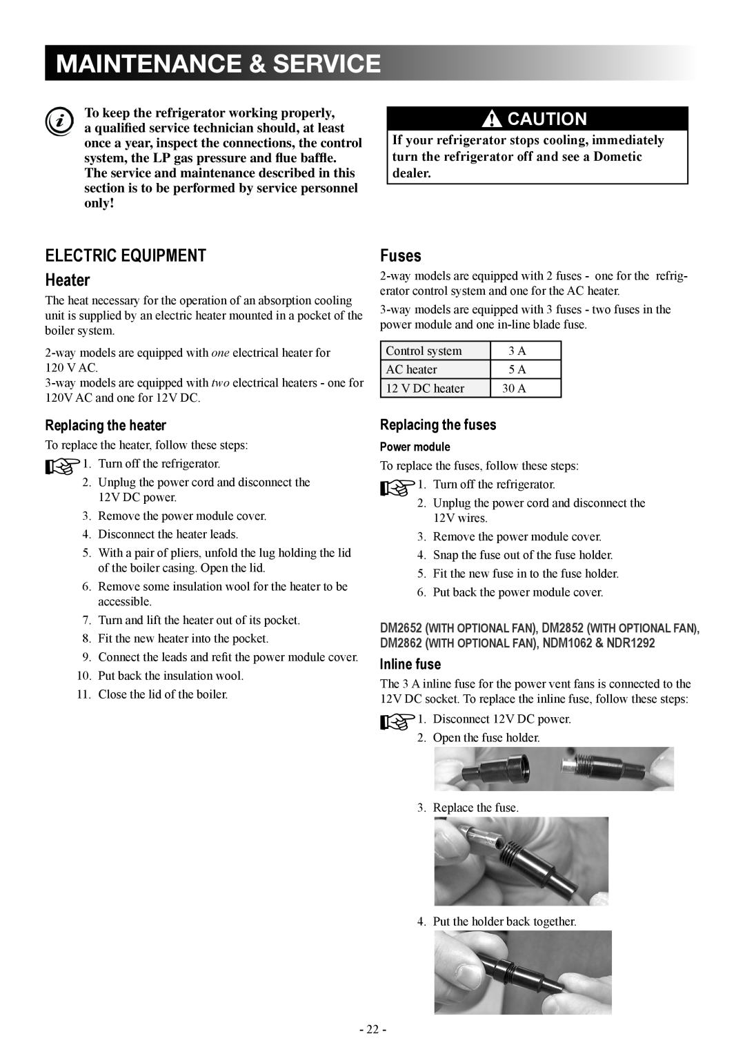 Dometic DM2862 manual maintenance & service, 6! CAUTION, Electric equipment Heater, Fuses 