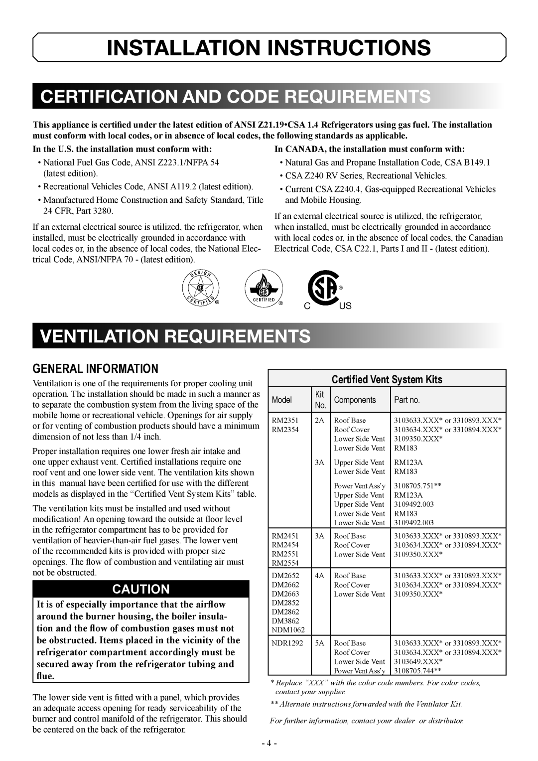 Dometic DM2862 manual Installation Instructions, Certification and Code Requirements, Ventilation requirements 