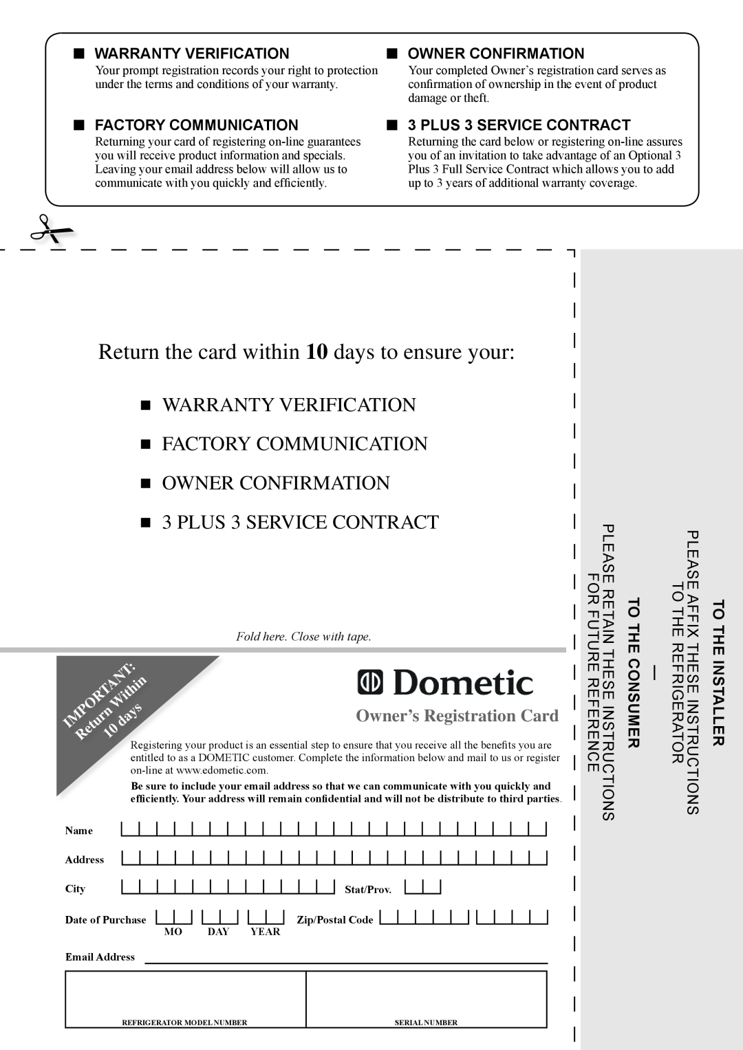 Dometic DM2862 manual Return the card within 10 days to ensure your, plus 3 service contract, Owner’s Registration Card 