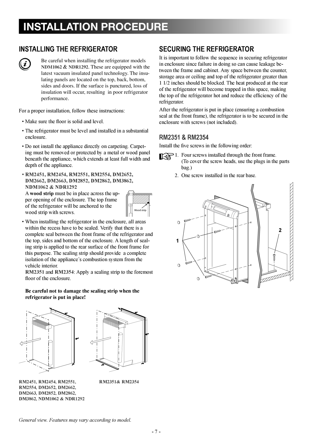 Dometic DM2862 manual installation procedure, Installing the refrigerator, Securing the refrigerator, RM2351 & RM2354 