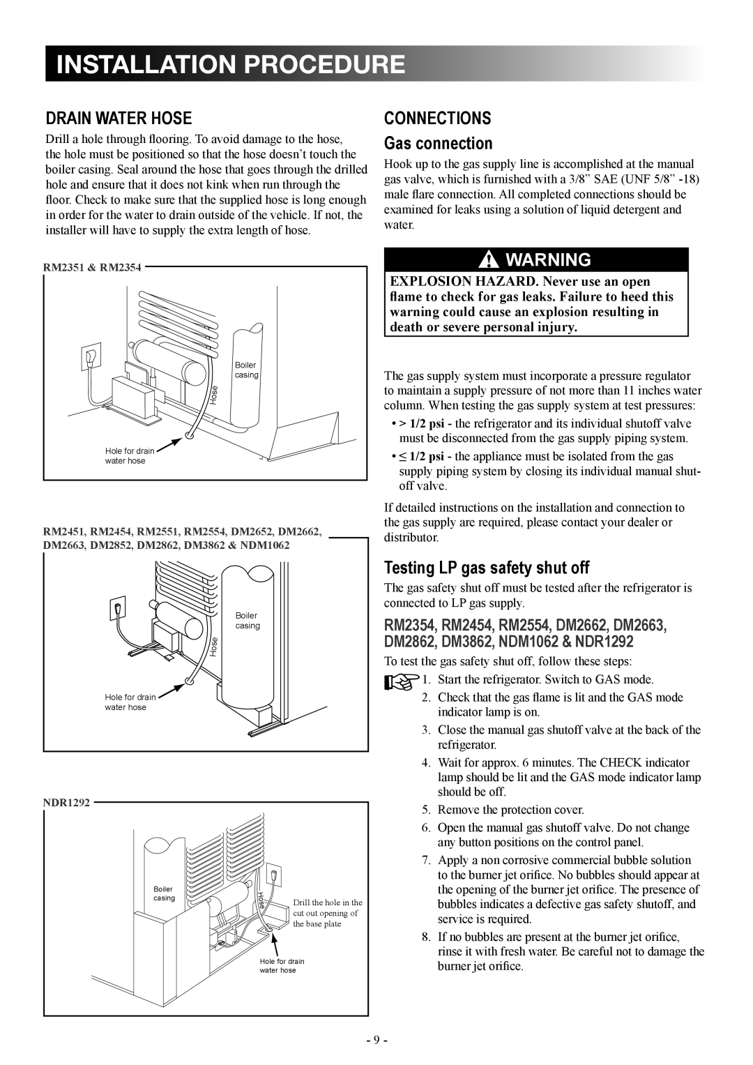 Dometic DM2862 manual installation procedure, Drain water hose, Connections Gas connection, 6! warning 
