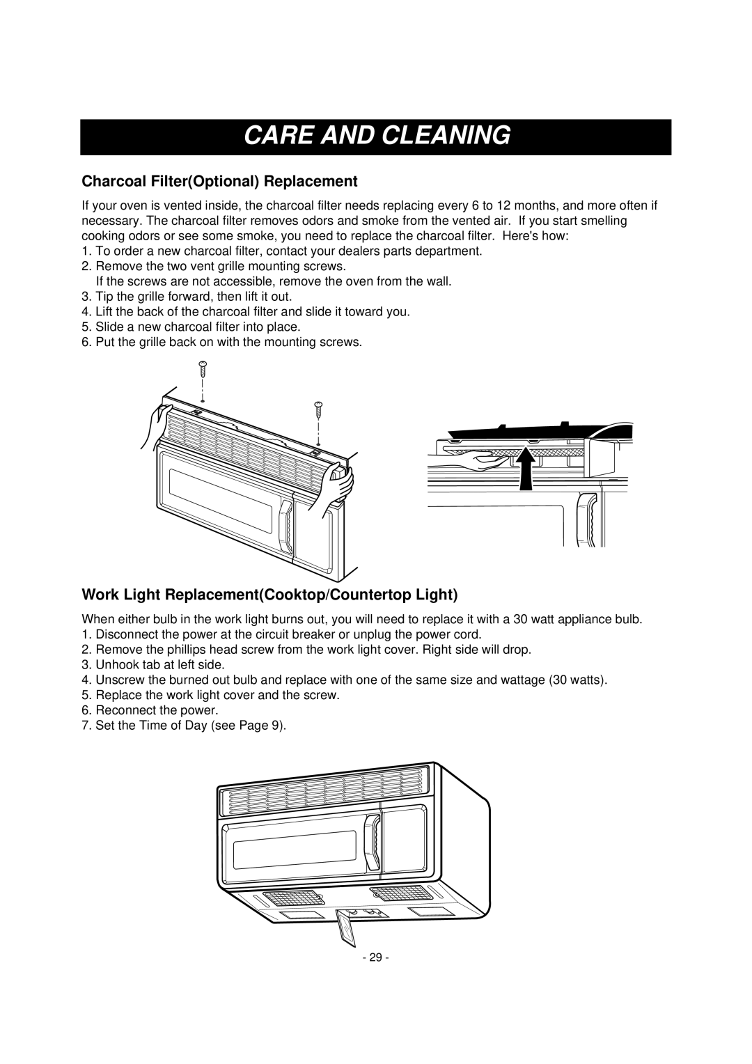 Dometic DOTRC11W, DOTRC11B manual Charcoal FilterOptional Replacement, Work Light ReplacementCooktop/Countertop Light 