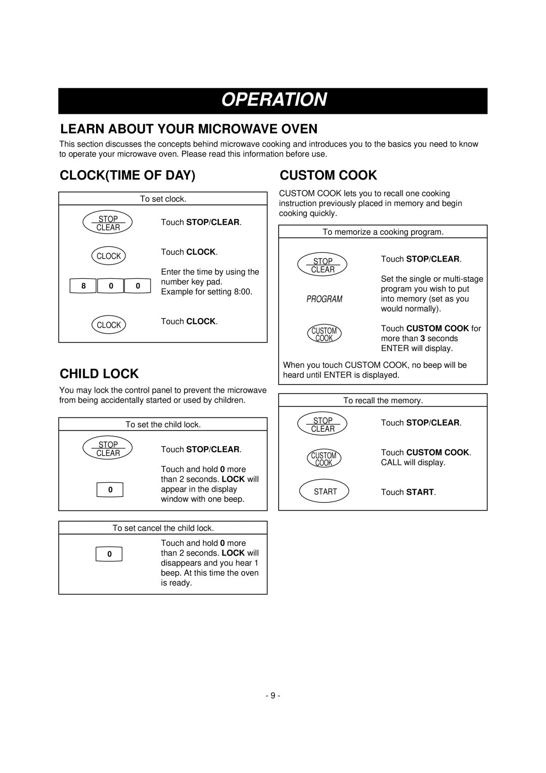 Dometic DOTRC11W, DOTRC11B manual Operation, Learn about Your Microwave Oven, Clocktime of DAY, Child Lock, Custom Cook 