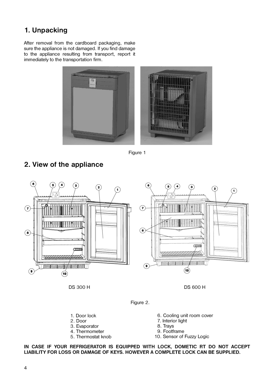 Dometic manual Unpacking, View of the appliance, DS 300 H DS 600 H Door lock 