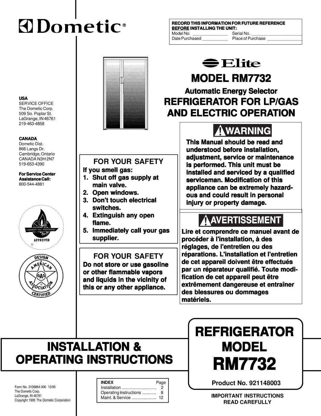 Dometic Elite RM7732 manual Electric Operation, For Your Safety 